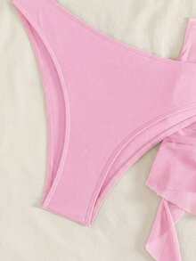 Swim SXY Swim Chic Sea Plain 比基尼套装，不对称荷叶边、3D 立体花卉装饰和网纱裙摆 - 粉色 - 查看 6