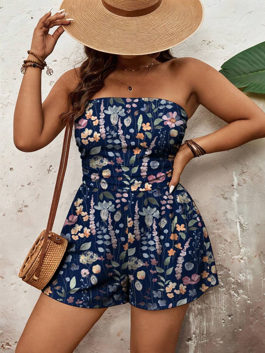 SHEIN VCAY Bộ jumpsuit cúp ngực in hoa lãng mạn dành cho nữ cỡ lớn, thích hợp cho bãi biển và kỳ nghỉ. - Nhiều màu - Xem 1