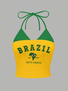 Resyla Camiseta de tirantes con cuello de halter y estampado de letras de Brasil, estilo casual Y2K - Multicolor - Ver 3