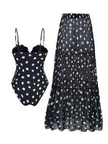 Swim Oasis 全新性感紧身黑白波尔卡圆点印花细肩带聚拢钢圈连体衣，度假海滩短款上衣和短裙两件套 - 黑與白 - 查看 9
