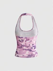 ROMWE Y2K Casual Baddie Pink Camouflage Halter Backless Camisole - Pink - View 2