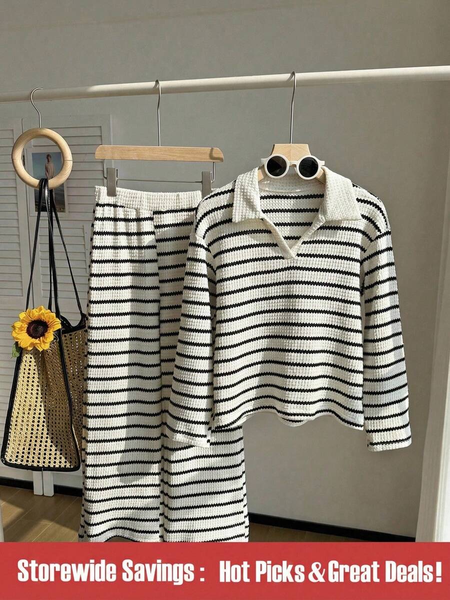SHEIN 女童条纹 Polo 衫上衣，时尚穿搭，适合春秋季节 - 白色 - 查看 1