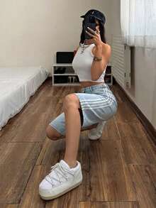 SHEIN 女士休闲日常口袋纽扣牛仔短裤 - 藍色 - 查看 5