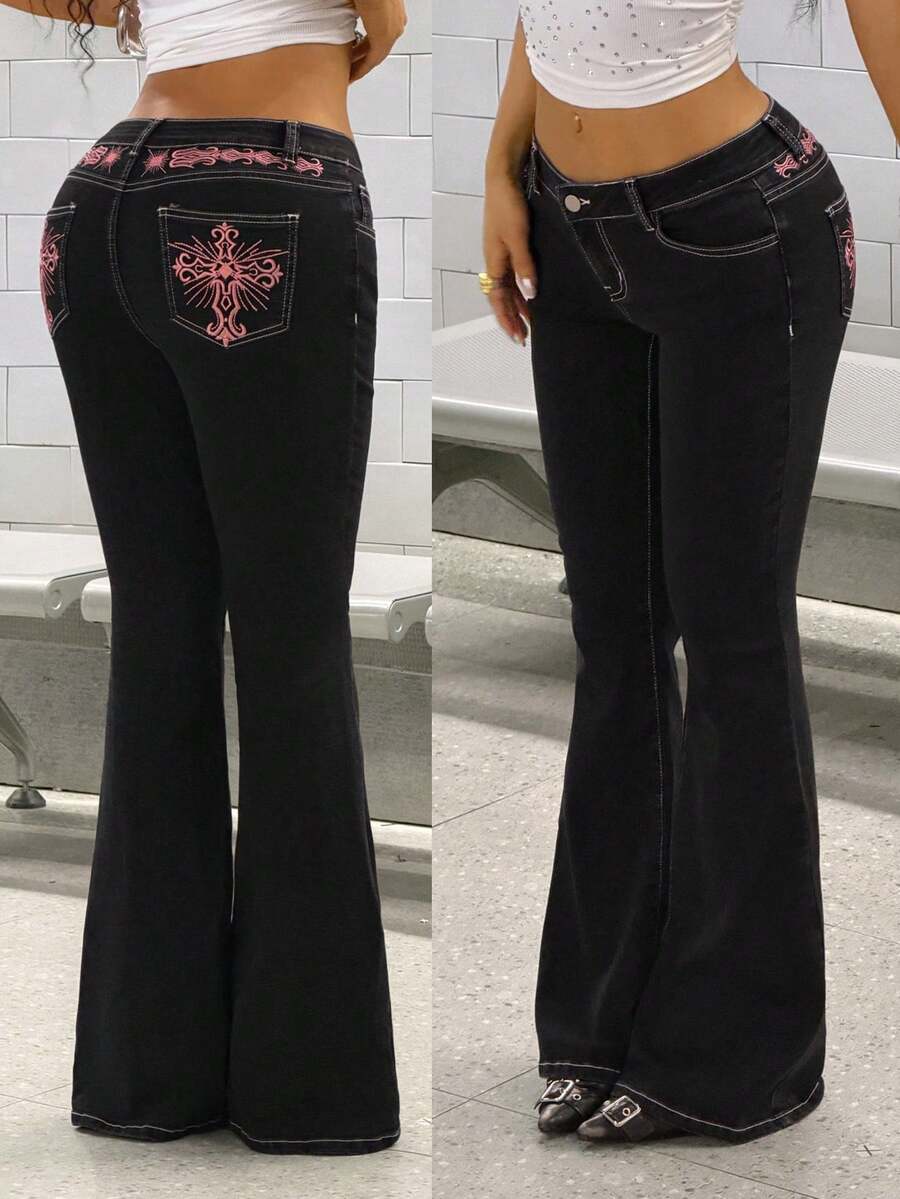 StreetHx Denim Flare Casual com Bolso e Bordado Cruzado Feminino - Preto - Visão 1