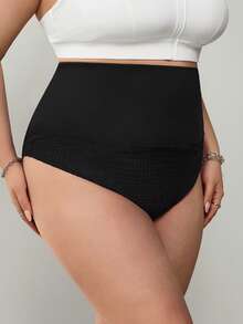 SHEIN CURVE+ 大码女式高腰弹力塑身打底裤 - 黑色 - 查看 6