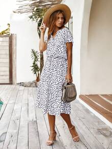 EMERY ROSE Button V-Neck Cinched Waist Short Sleeve Dress - Navy Blue - View 6