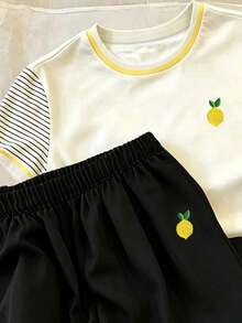 Resyla Women's Lemon Embroidery Striped Round Neck Short Sleeve T-Shirt And Pants Casual 2-Piece Set - Multicolor - View 4