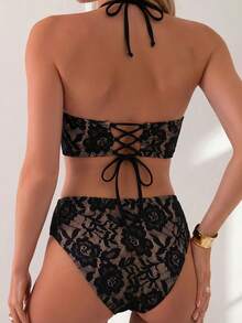 Swim Lushoire Women's Lace V-Neck Sexy Tropical Floral Trim Camisole And Bikini Set, Suitable For Summer Beach Vacation Party Golf Beige - Black - View 2