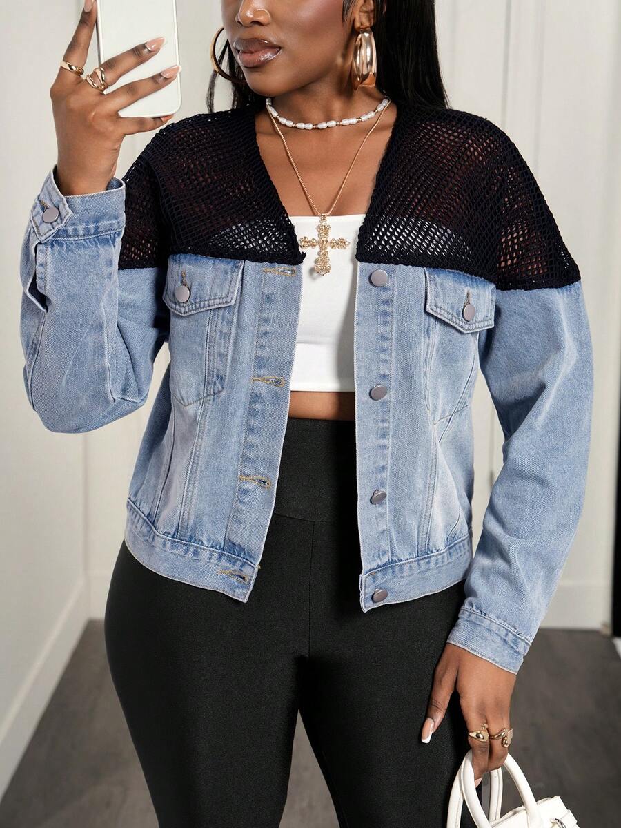 Slaydiva 女士时尚钩编薄纱拼接口袋纽扣长袖牛仔外套 - 黑色 - 查看 1