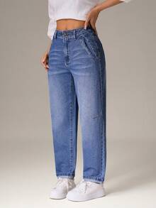 SHEIN PETITE 女士休闲日常口袋纽扣牛仔裤 - 藍色 - 查看 3