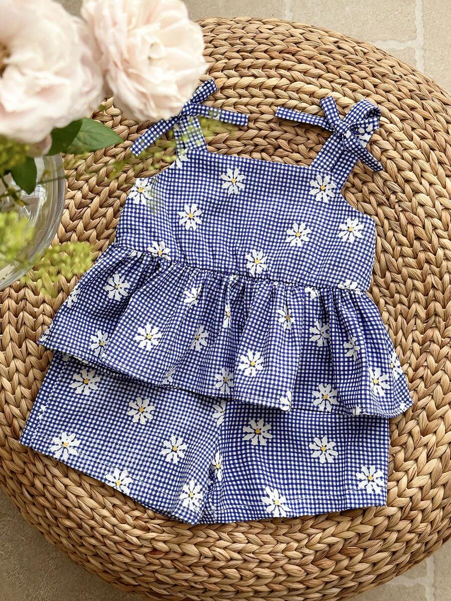 SHEIN LMoss Kids 2pcs Baby Girl Woven Plaid Suspender Dress & Shorts Set - Blue and White - View 1
