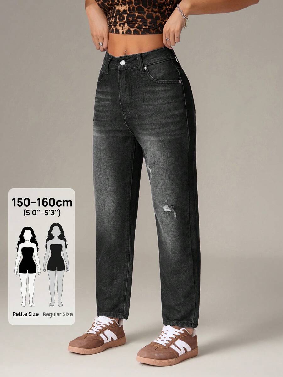 SHEIN PETITE 女款純色極簡日常牛仔褲,適合嬌小女性 - 灰色 - 查看 1