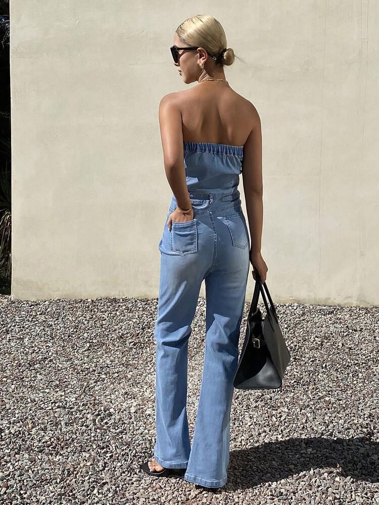 Women's Casual Washed Denim Jumpsuit With Flared Hem, Suitable For Spring And Summer