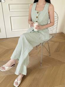SHEIN Setelan Camisole Kasual Bergaris Biru & Putih untuk Liburan Remaja Perempuan - Mint Green - View 5