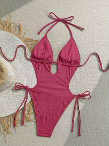 Soleia Mono de mujer con cuello en V, textura jacquard de punto y espalda descubierta en color verde oliva, adecuado para vacaciones en la playa - Rosa Fucsia - Ver 2