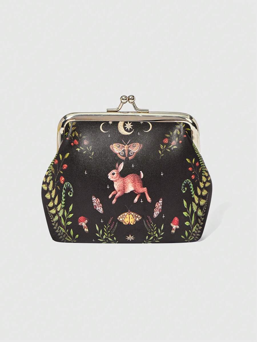ROMWE Fairycore 1 Piece Moth Plant Rabbit Embroidered Mushroom Pattern Printed Change Purse - Black B - View 1