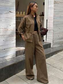 Livesso Women's High Neck Loose Crop Top And Casual Pants 2 Pieces Set, Autumn/Winter - Khaki - View 5