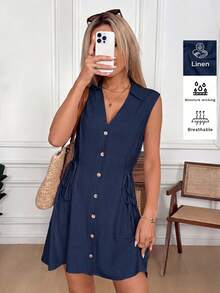 Easowa Robe chemise sans manches abricot avec ceinture à la taille, en lin confortable, convient pour le style décontracté, le trajet, le bureau, le vintage, les vacances à la française - Bleu marine - Voir 3