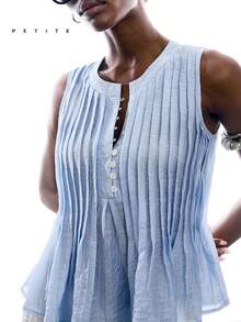 LYSMO Petite Women's Summer Casual Vacation Daily Commute Solid Color Half-Button Front Pleated Sleeveless Tank Top - Blue - View 6