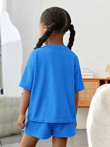 SHEIN 2pcs/Set Young Girl Knitted Solid Color Round Neck Loose Casual T-Shirt And Shorts - Royal Blue - View 2