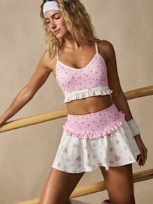 VARSIVA Women's Contrast Ditsy Floral Ruffle Trim Camisole And Mini Skirt Sports Suit - Multicolor - View 6