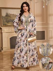 Al Najma Áo dài in hoa thanh lịch cỡ lớn dành cho nữ & váy maxi truyền thống Ả Rập, kaftan khiêm tốn - Hồng - Xem 2
