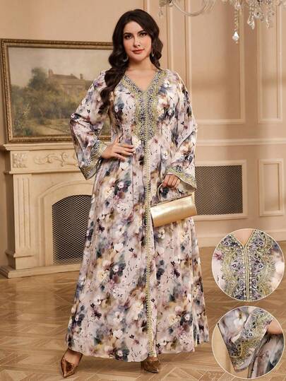Al Najma Plus Size Women's Elegant Floral Print Long Tunic & Arabian Traditional Maxi Dress, Modest Kaftan