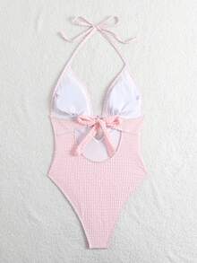 SHEIN Swim Mod 2026春夏粉白格子可爱甜美度假休闲沙滩连体裤（女款） - 彩色 - 查看 3