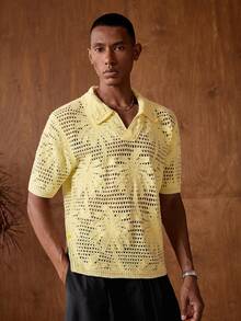 AKNOTIC Men's Summer Casual Vacation Tropical Coconut Tree Pattern V-Collar Open Knit Top - Yellow - View 3