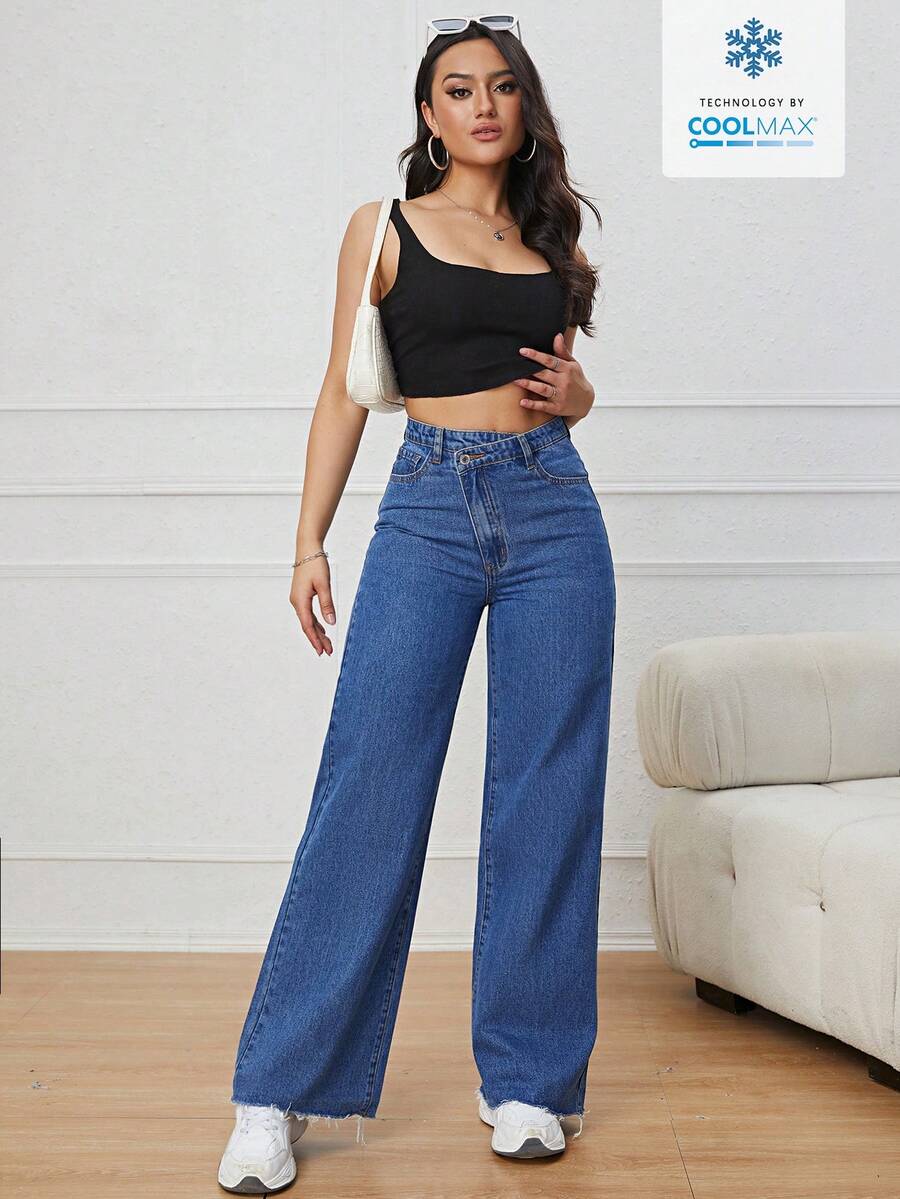SHEIN PETITE 女士夏季斜襟多口袋深蓝色牛仔裤 - 中等水洗藍 - 查看 1