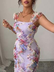 Elenzga 女士优雅浪漫网纱印花褶皱中长连衣裙，适合婚礼季、派对、约会、休闲外出、春夏穿着 - 紫色 - 查看 5