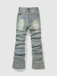 ROMWE MEN Street Life Jeans de mezclilla vintage desgastados con decoración de rhinestones para hombres - Azul - Ver 2