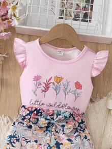 SHEIN Bộ 2 món cho bé gái, áo và quần short in hoa, viền bèo nhún, thích hợp cho mùa hè. - Hồng - Xem 7