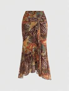 ROMWE Chân váy chữ A nữ phong cách retro boho hippie vạt bất đối xứng in họa tiết paisley. - Nhiều màu - Xem 1