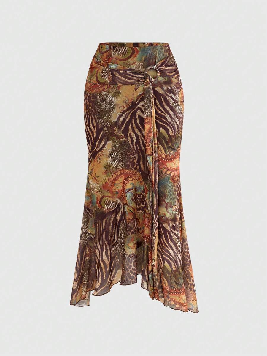 ROMWE Chân váy chữ A nữ phong cách retro boho hippie vạt bất đối xứng in họa tiết paisley. - Nhiều màu - Xem 1