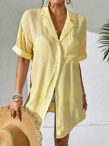 SHEIN Swim 女士简约纯色短袖和服罩衫，夏季海滩装扮，女士沙滩罩衫，长款衬衫，沙滩衬衫 - 淡黃色 - 查看 6