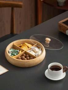 1 Wooden Tray With Dust Cover Design, Divided Into Compartments For Storing Circular Service Plates, Coffee Shop Dessert Trays, Storage Trays, Cake And Snack Plates, Eid Al Fitr, Valentine's Day, Spring Festival - Multicolor - View 9