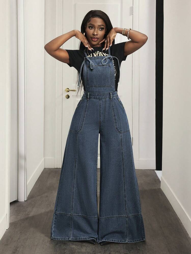 Slaydiva Women's Summer Casual Loose Pocket Wide Leg Denim Bib