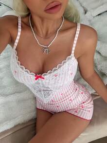 CottageSlumber Contrast Color Lace Patchwork Heart & Stripe Print Fitted Sexy Camisole Jumpsuit For Women - Pink - View 6