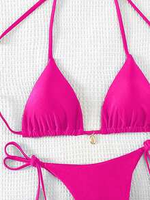 Swim Basics 女士夏季沙滩纯色吊带系带性感比基尼泳衣套装 - 玫紅色 - 查看 4