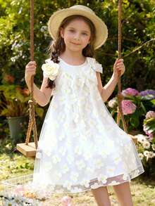 SHEIN Glamorique Kids Toddler Girls Princess Dress, White Floral 3D Butterfly Tulle Spaghetti Strap Bow Dress For Easter Birthday Pageant Tea Party - White - View 3