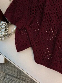 SHEIN Clasi 大码女款镂空七分袖针织毛衣 - 酒紅色 - 查看 5