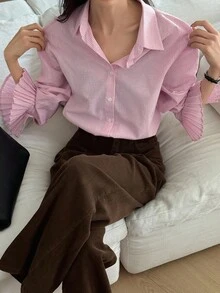DAZY 女款休閒條紋百褶喇叭袖長袖襯衫，適合秋冬夏季 - 粉色 - 查看 6