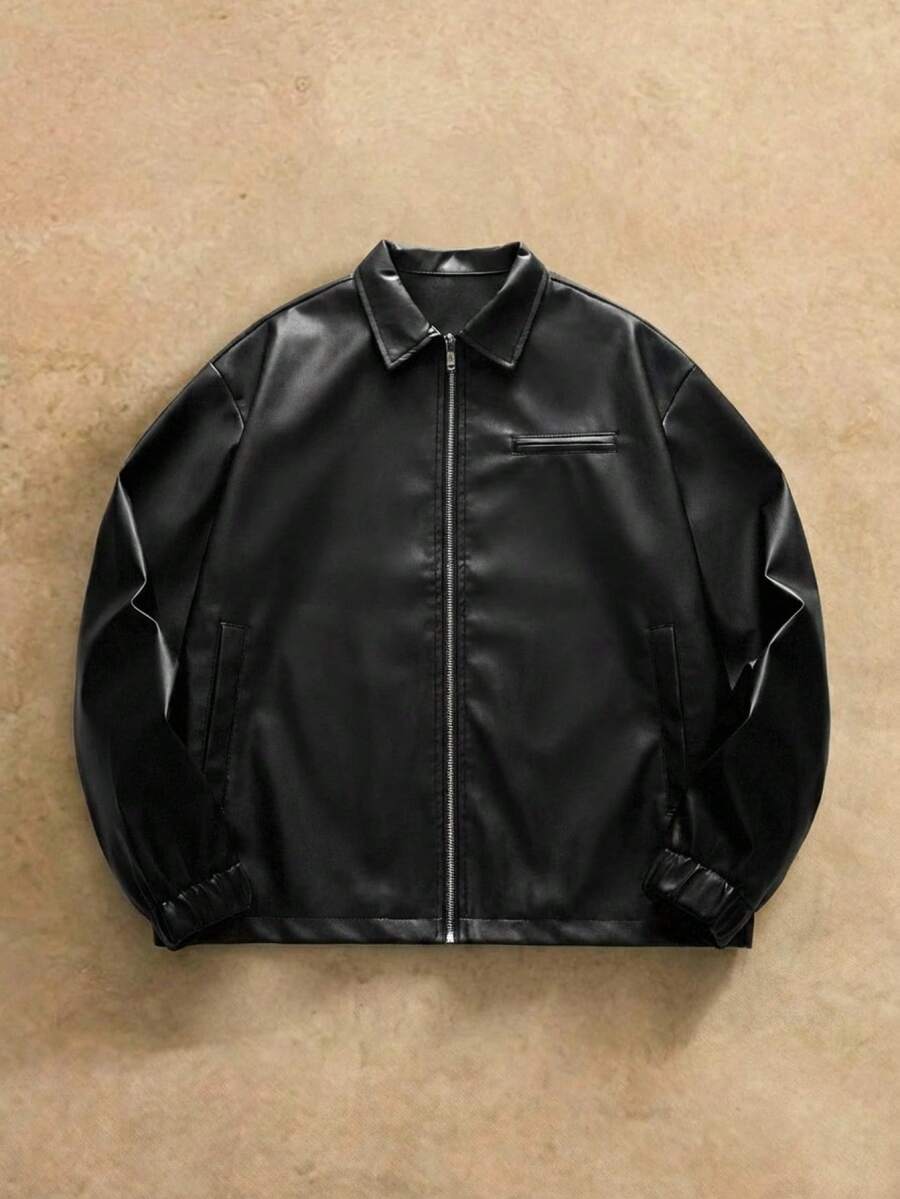 HIMLAND 男士时尚日常休闲PU皮修身长袖夹克，都市黑色夹克，送给朋友、丈夫、男友的礼物，朋克风，情侣装 - 深灰色 - 查看 1