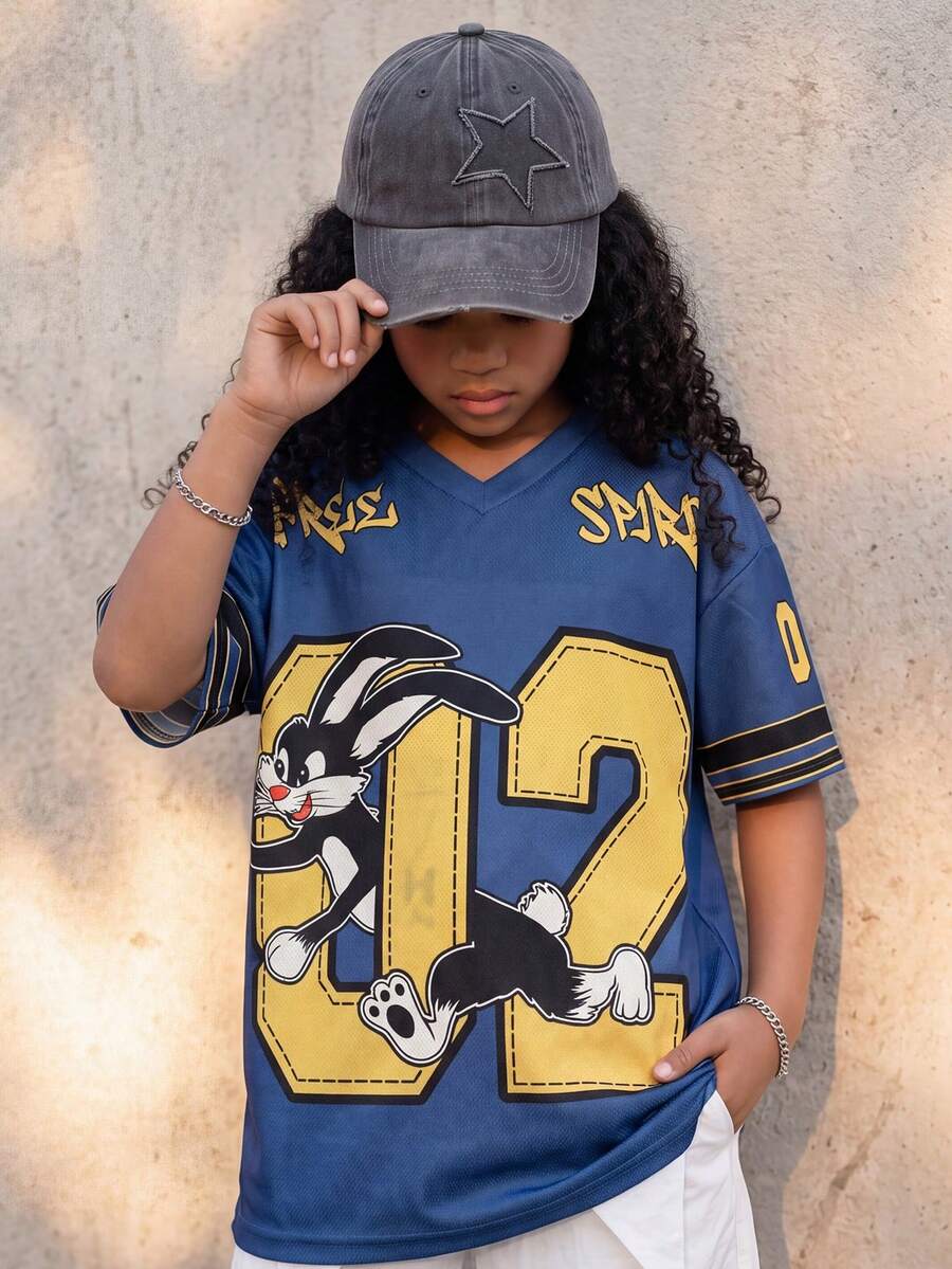 Tween Girls & Tween Boys Summer V-Neck Short Sleeve Loose Party Vacation Graduation Streetwear Casual Casual T-Shirt With Blue Mesh & Numeric Print Y2k Cropped Graphic Tee, Streetwear Tops, Stitch Jersey,Football Shirt - Blue - View 1