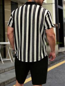 Alderstead Men's Casual Striped Formal Shirt Set For Summer, Short Sleeve Shirt + Drawstring Shorts, Comfortable For Outings - Black - View 2