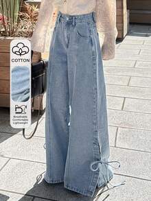 FRIFUL Jeans anchos de pierna ancha con dobladillo dividido y anudado, de uso casual y para ir al trabajo - Azul - Ver 1