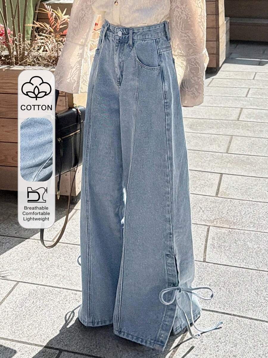 FRIFUL Jeans anchos de pierna ancha con dobladillo dividido y anudado, de uso casual y para ir al trabajo - Azul - Ver 1