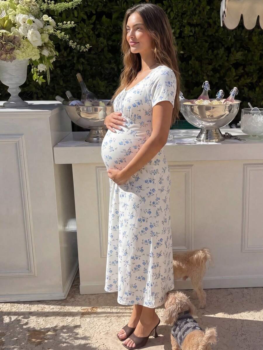 SHEIN Maternity Summer Beach Vacation Ditsy Floral Twist Front Fitted Midi Dress - Blue - View 1