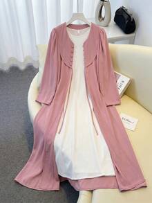 SHEIN Najma Bata suelta con cuello en V, mangas acampanadas y abertura frontal, color rosa, para primavera/verano - Rosa - Ver 13